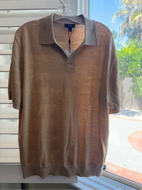REISS Men’s NWT Merino Wool Knit Open Collar Polo Shirt Tan Beige XXL